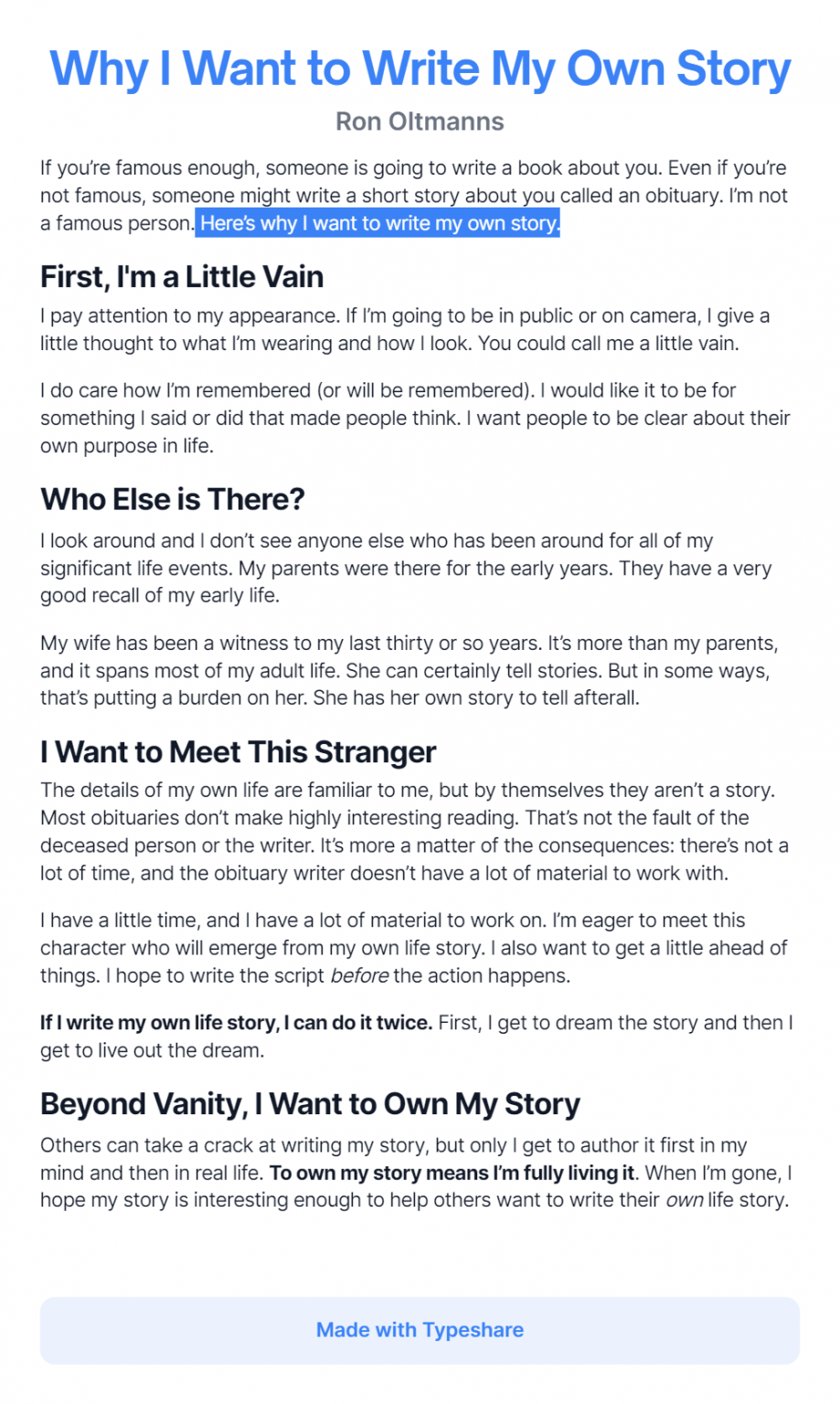 Why I Want to Write My Own Story - Ron Oltmanns